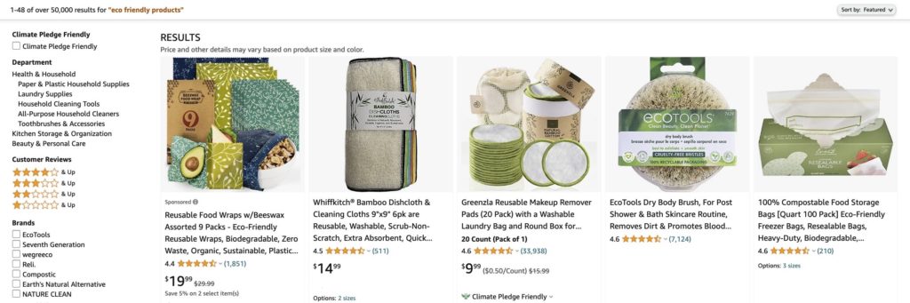 “eco-friendly products” on Amazon US