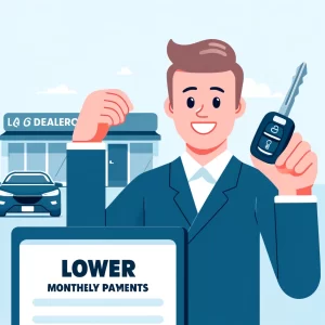 DALL·E 2024-06-07 06.28.51 - An image showing a person happily holding a car key, with a car dealership in the background and a sign that reads 'Lower Monthly Payments.' The style